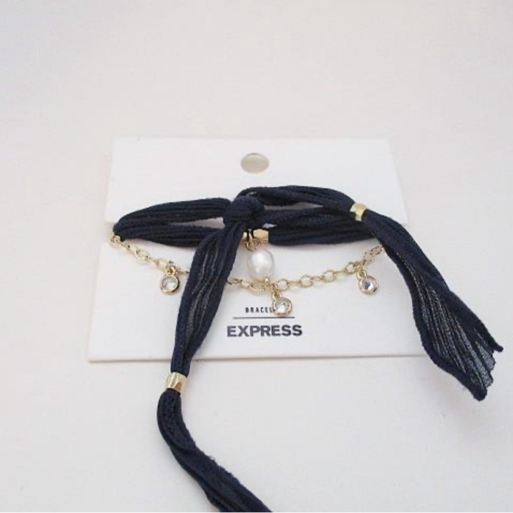 NWT Express Navy Blue Ribbon Bracelet with Gold-Tone